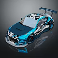 Sporty Racing Car With Blue White Black Graphic Design And Rear Wing