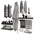 Organized Bathroom Essentials Collection With Soft Towels Bathrobe Toiletries And Storage Shelves
