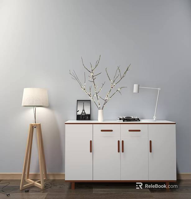 White Shoe Cabinet with Brown Handles Top Vase Branches Eiffel Tower Photo Frame and Lamps 3d model 