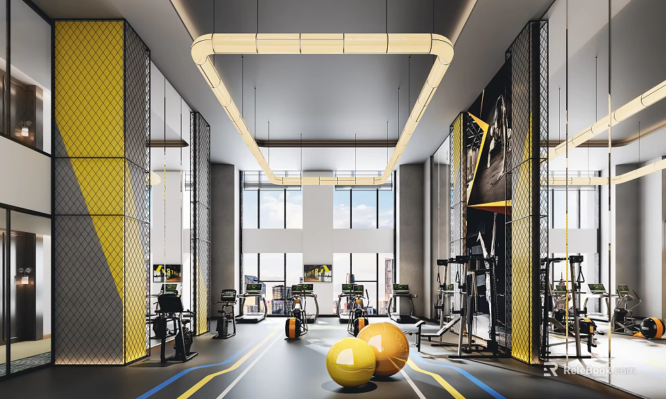 Spacious Modern Gym Interior With Bright Lighting Fitness Equipment And Yellow Exercise Balls 3d model 