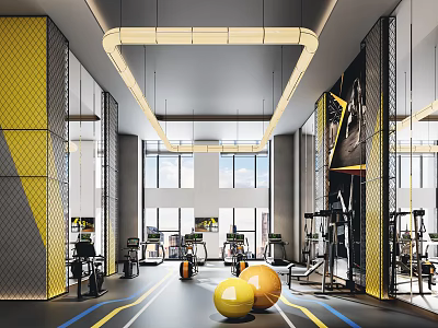 Spacious Modern Gym Interior With Bright Lighting Fitness Equipment And Yellow Exercise Balls 3d model