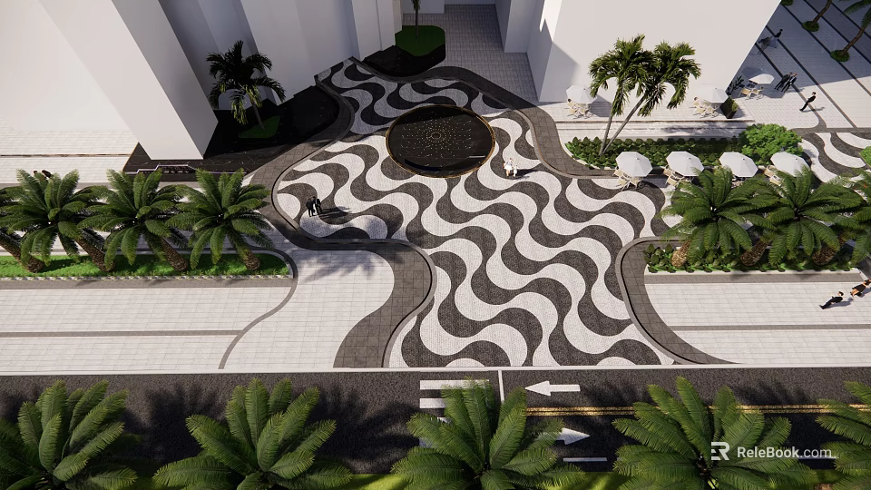 Modern Plaza Landscape Featuring Wave Pattern Pavement Circular Central Area And Palm Trees 3d model 