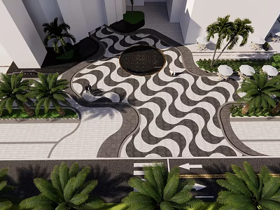 Modern Plaza Landscape Featuring Wave Pattern Pavement Circular Central Area And Palm Trees 3d model