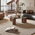 Modern Duplex Living Room Interior With Staircase Leather Sofa Coffee Table And Rug 3d model