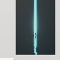 Abstract Painting With Silhouette of a Person Under Vertical Light Beam and Water Reflection
