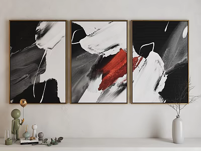 Three Piece Abstract Painting With Black White Red Brushstrokes And Golden Frames 3d model