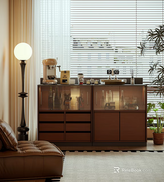 Modern Wooden Sideboard With Glass Doors And Coffee Machine Near Floor Lamp And Potted Plant 3d model 