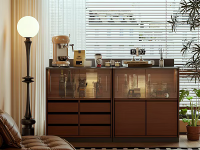 Modern Wooden Sideboard With Glass Doors And Coffee Machine Near Floor Lamp And Potted Plant 3d model