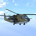 Military Green Helicopter Flying High in Blue Sky with White Clouds