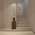 Modern Minimalist Staircase Interior With White Walls Wooden Plant Stand Green Plant And Hanging Artworks