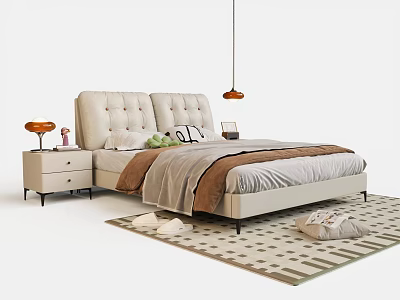 Double Bed with Tufted Headboard Gray Brown Blanket Nightstands Table Lamp and Geometric Rug 3d model