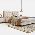 Double Bed with Tufted Headboard Gray Brown Blanket Nightstands Table Lamp and Geometric Rug