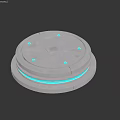 Modern Round Electronic Device With Silver Metal Body Blue Indicator Lights And Bottom Blue Halo
