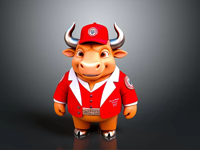 Cartoon Bull Character In Red Jacket With Logo Cap Horns And Shiny Shoes 3d model