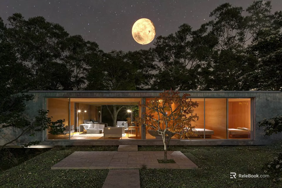 Single Family House with Large Windows Lit Interior Full Moon Night Garden Courtyard Among Trees 3d model 