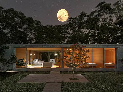 Single Family House with Large Windows Lit Interior Full Moon Night Garden Courtyard Among Trees 3d model