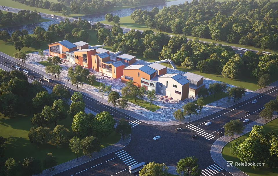 Scenic Modern Commercial Street With Contemporary Buildings Lush Trees And Road Network 3d model 