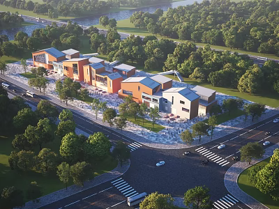 Scenic Modern Commercial Street With Contemporary Buildings Lush Trees And Road Network 3d model