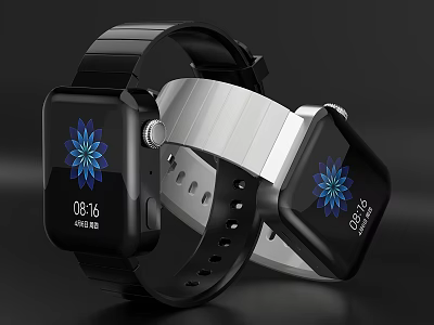 Two Smart Watches With Dual Color Straps And Digital Screens 3d model