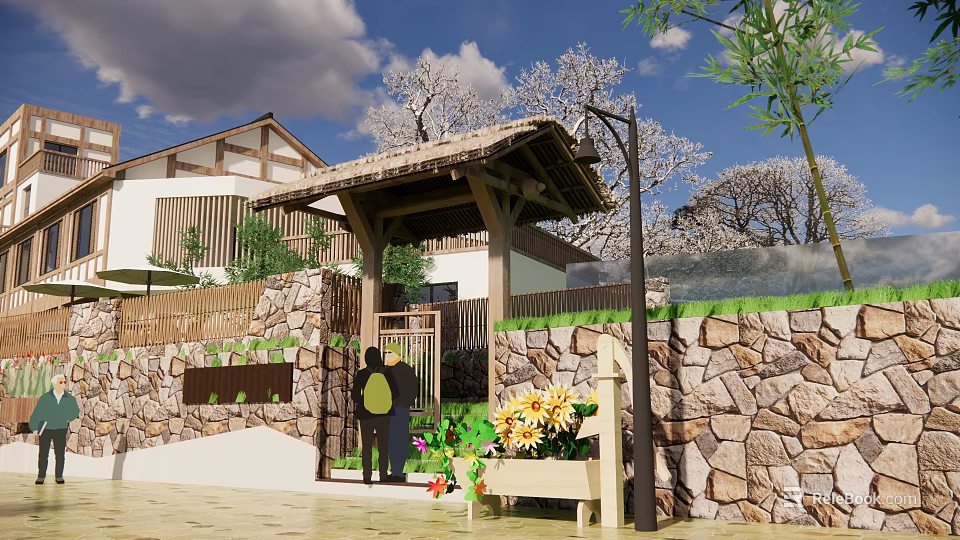 Traditional Japanese Courtyard Entrance With Thatched Gateway Stone Wall Flower Box And Blossoming Trees 3d model 