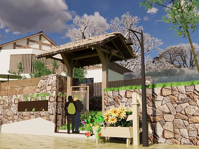 Traditional Japanese Courtyard Entrance With Thatched Gateway Stone Wall Flower Box And Blossoming Trees 3d model