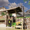 Traditional Japanese Courtyard Entrance With Thatched Gateway Stone Wall Flower Box And Blossoming Trees