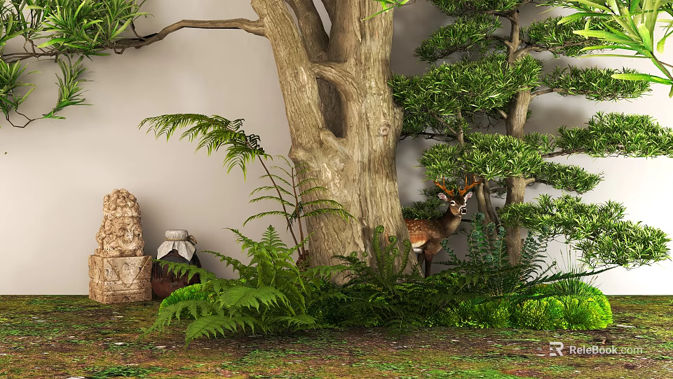 Lush Garden Shrubs With Large Tree Deer Ferns Stone Pottery Jar And Grassland 3d model 