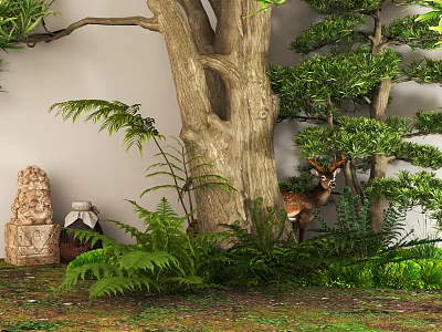 Lush Garden Shrubs With Large Tree Deer Ferns Stone Pottery Jar And Grassland 3d model