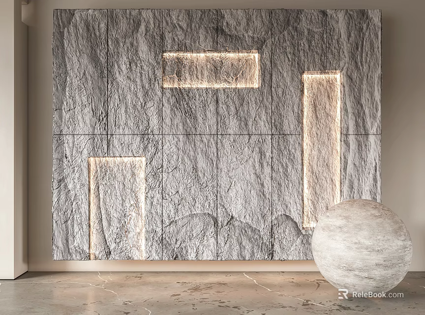 Modern Textured Stone Wall With Rectangular LED Lights And Marble Sphere Decor 3d model 