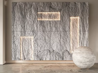 Modern Textured Stone Wall With Rectangular LED Lights And Marble Sphere Decor 3d model