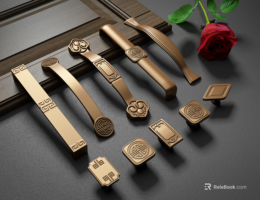 Traditional Chinese Brass Cabinet Handles With Auspicious Carved Motifs And Various Shapes 3d model 