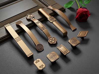 Traditional Chinese Brass Cabinet Handles With Auspicious Carved Motifs And Various Shapes 3d model