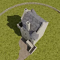 Ancient Stone Tower with Historic Architecture Stone Wall Grassland and Distant Mountains