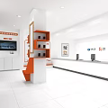 Modern Reception Area With White Interior Orange Display Shelf And Front Desk 3d model