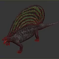 Dimetrodon Prehistoric Reptile With Green Striped Sail Open Mouth Dark Body