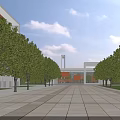 Modern Orange School Building With Glass Facade Green Lawn And Campus Surroundings