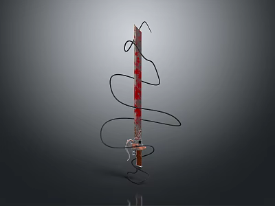 Decorative Sword With Red Stripes And Black Wires On Metal Stand 3d model