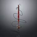 Decorative Sword With Red Stripes And Black Wires On Metal Stand