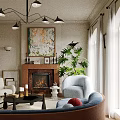 Modern Living Room Interior With Fireplace Large Windows Blue Sofa Green Plants And Chandelier