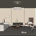 Neutral Tones Living Room Interior With White Sofa Wooden Coffee Table Fireplace Chandelier And Floor Lamp