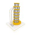 Three Pisa Tower Like Art Installations With Yellow Base And Curved Pipes