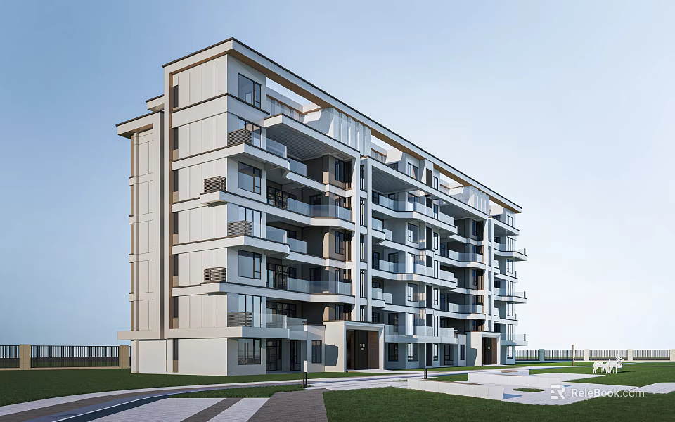 Modern Multistory Apartment Building Exterior Design With Balconies Lawn And Pathway 3d model 
