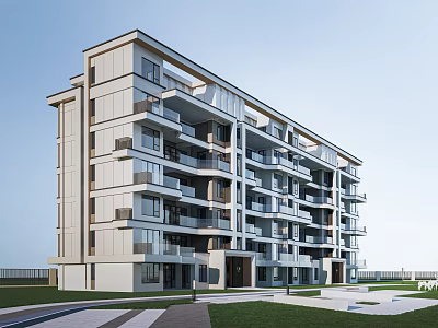 Modern Multistory Apartment Building Exterior Design With Balconies Lawn And Pathway 3d model