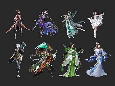 Game and Movie Characters With Diverse Colorful Costumes and Elegant Fantasy Designs 3d model