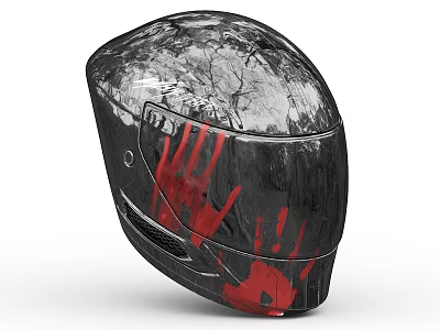 Stylish Motorcycle Helmet With Black White Tree Pattern And Red Handprint Design 3d model