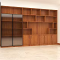 Modern Wooden Bookcase Interior Design With Glass Doors And Multiple Shelves