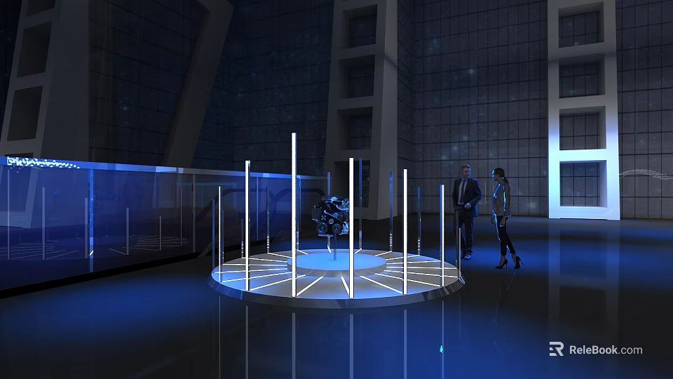 Futuristic Exhibition Display With Illuminated Pillars And Central Exhibit In Modern Architectural Space 3d model 