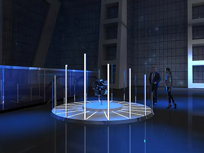 Futuristic Exhibition Display With Illuminated Pillars And Central Exhibit In Modern Architectural Space 3d model