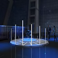 Futuristic Exhibition Display With Illuminated Pillars And Central Exhibit In Modern Architectural Space
