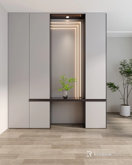 Modern Entryway Side Cabinet With White Black Design Black Countertop Green Plant And Striped Light 3d model 